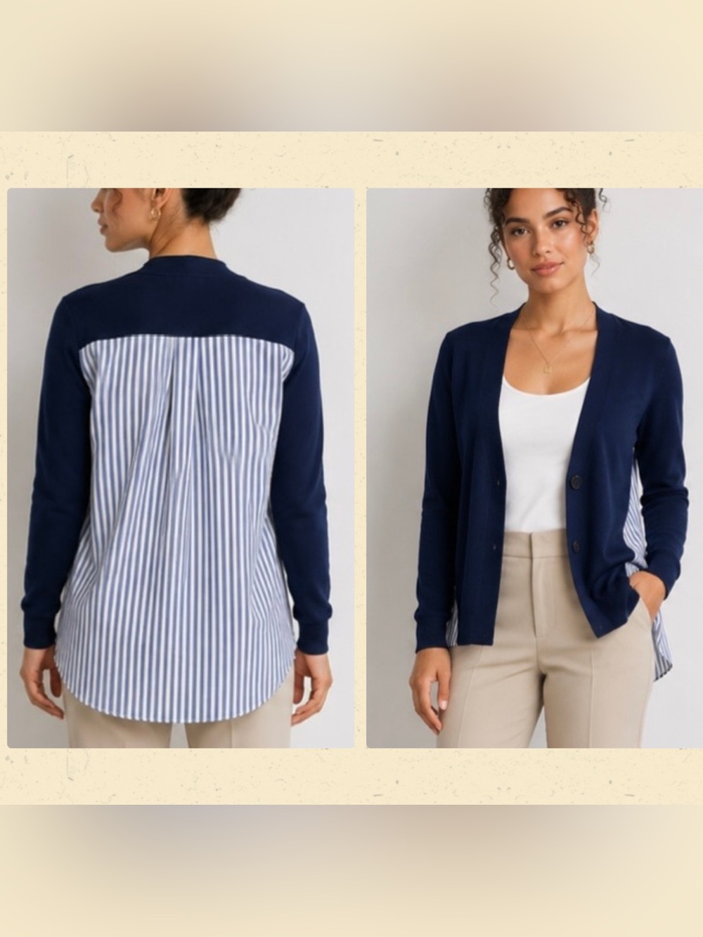 Chico’s Cardigan S 0 Navy Blue Knit Front White Blue Striped Back Mixed Media